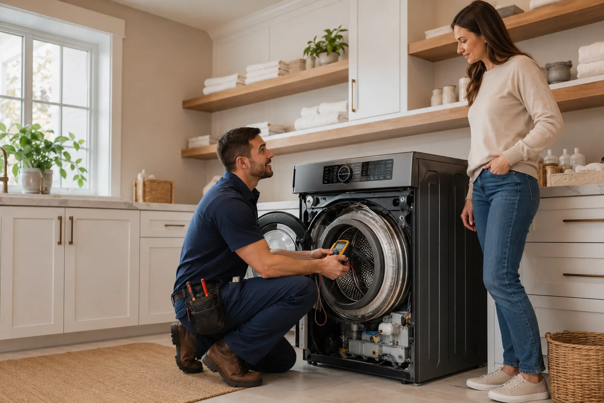 Professional washing machine repair technician diagnosing an opened front-load washing machine while explaining the repair process to a homeowner in a modern luxury laundry room in Missoula, Montana, showcasing expert appliance diagnostics and same-day washer repair service.
