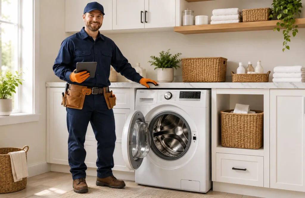 Professional washing machine repair technician standing beside a repaired front-load washer in a luxury home providing same-day washing machine repair in Missoula, Montana.