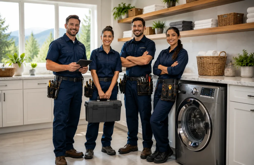 Professional washing machine repair team standing beside a modern front-load washing machine inside a luxury home laundry room in Missoula, Montana, representing trusted local appliance repair and same-day washer repair services.