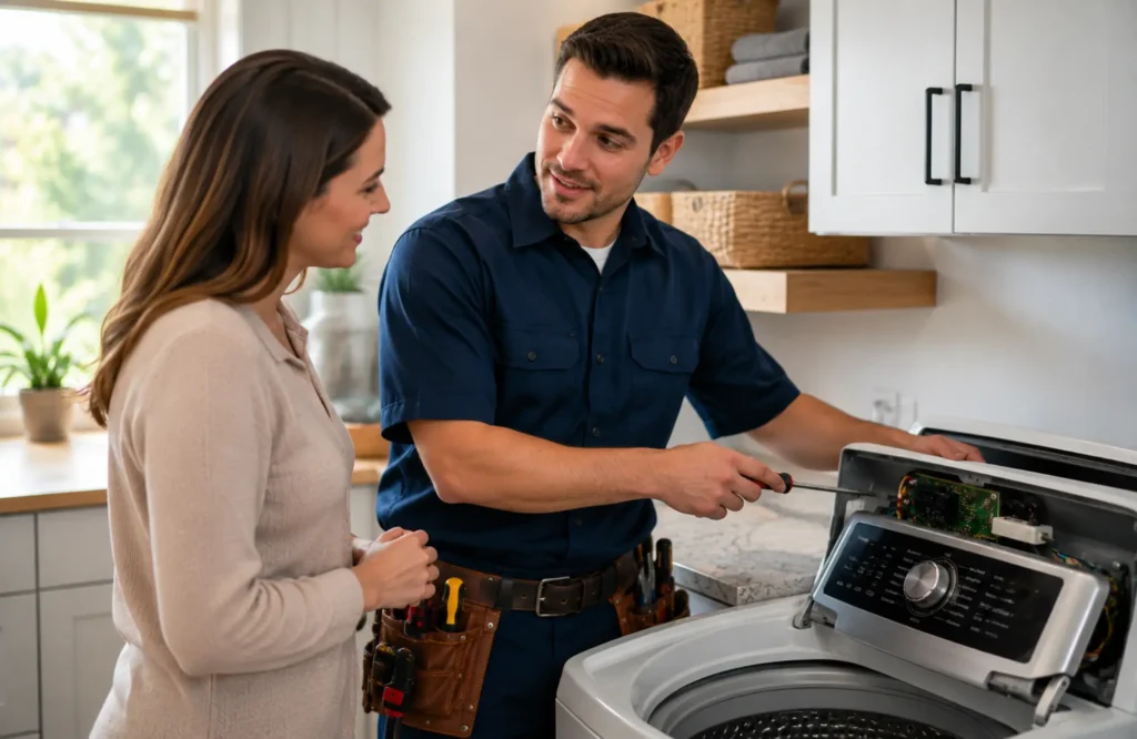 Professional washing machine repair technician explaining the repair process to a homeowner beside an open washing machine control panel in Missoula, Montana.